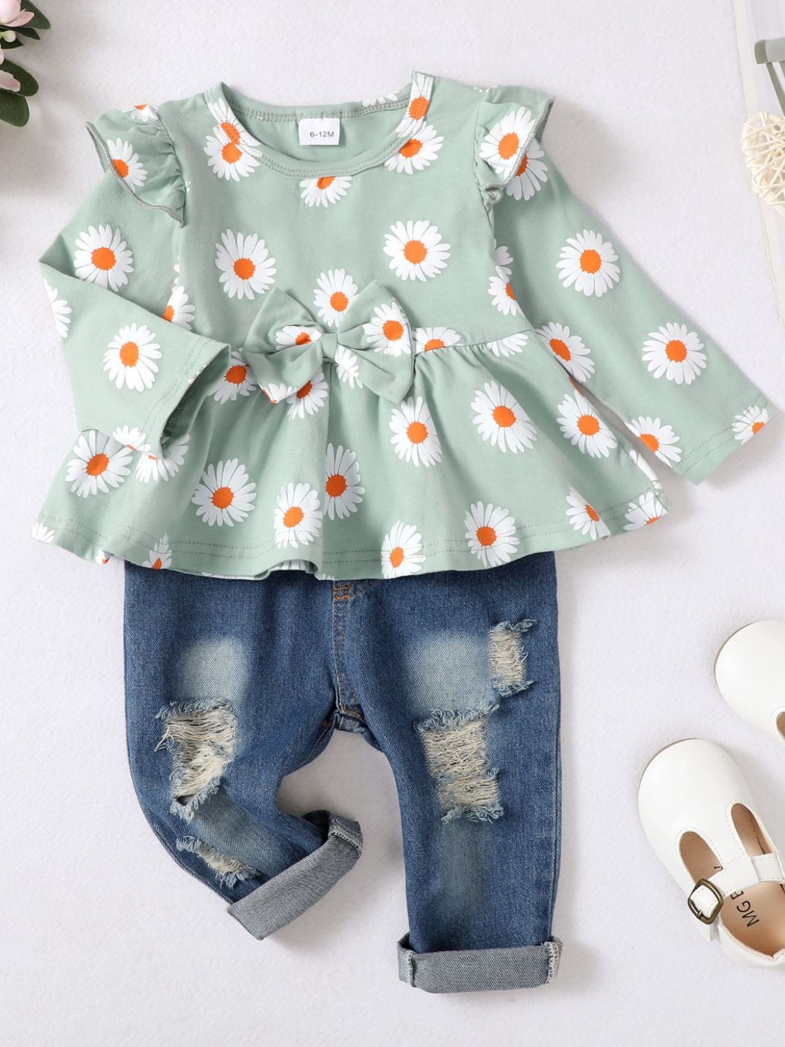 Baby Girl Daisy Print Peplum Top and Distressed Jeans Set