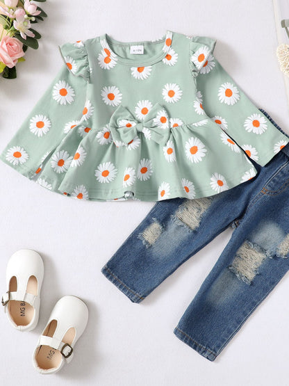 Baby Girl Daisy Print Peplum Top and Distressed Jeans Set