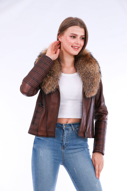 Ravenna Leather Biker Jacket - Brown