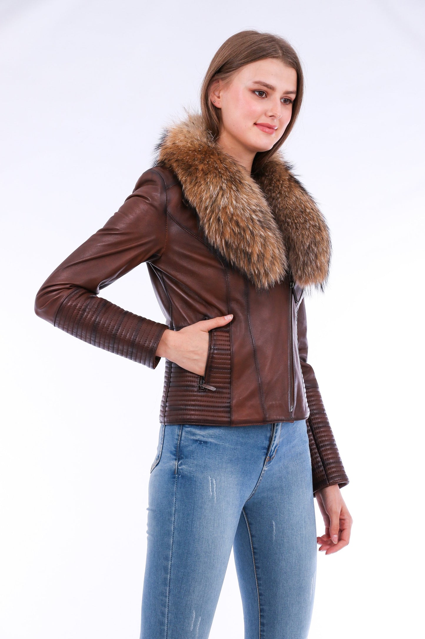 Ravenna Leather Biker Jacket - Brown