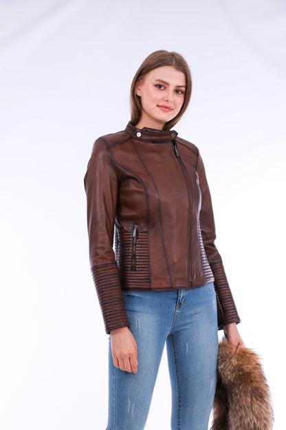 Ravenna Leather Biker Jacket - Brown