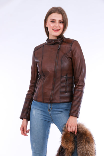 Ravenna Leather Biker Jacket - Brown