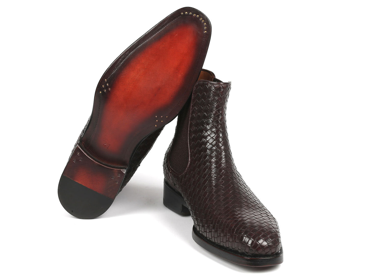 Paul Parkman Chocolate Brown Woven Leather Chelsea Boots